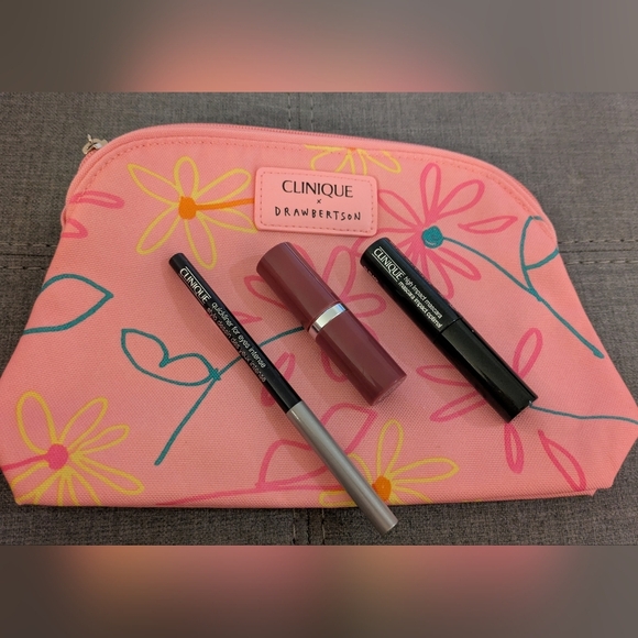 Clinique Other - Clinique New 4 Pieces Makeup Set with Pink Floral Bag, Mascara, Lipstick & Eyeli
